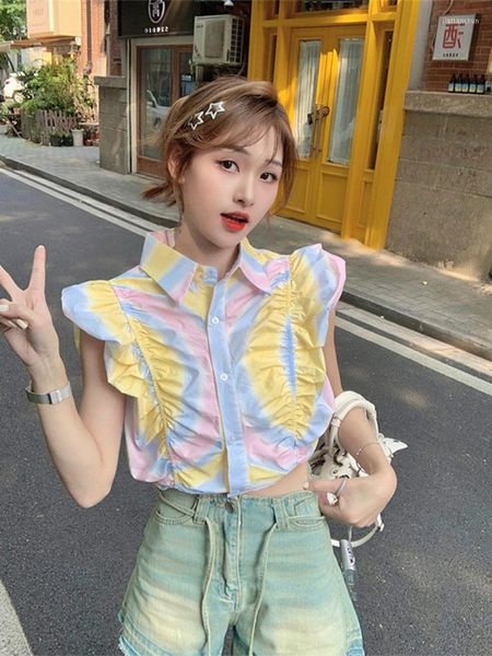 Женские блузки летний корейский стиль высокая талия короткая рубашка шикарная леди с печать с плиссированной блузкой с плиссированной рукавицей 2023