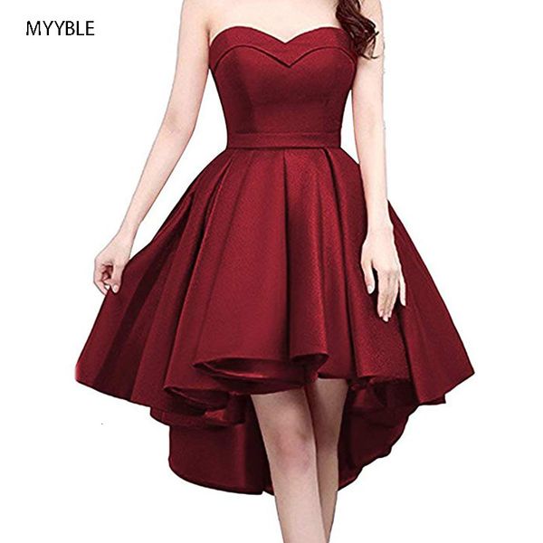 Grundlegende Freizeitkleider MYYBLE Kurzes, trägerloses Abschlussball-Heimkehrkleid, herzförmiges High-Low-Satin-Partykleid 230710