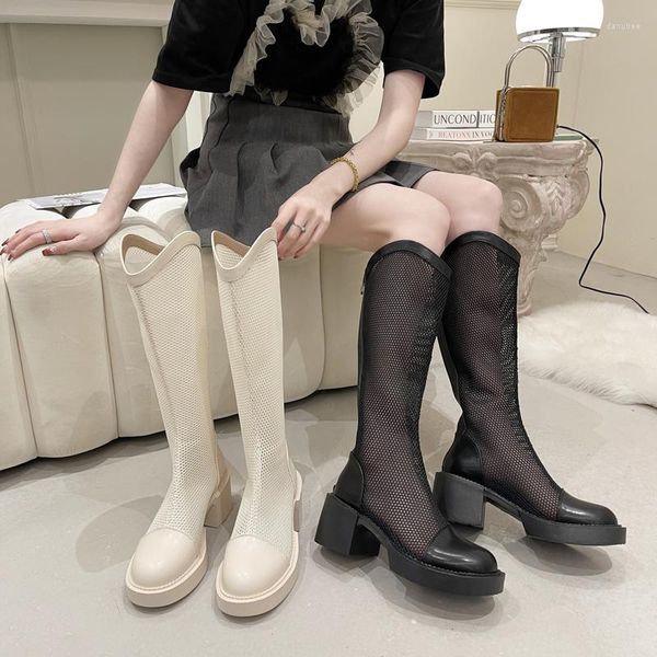 Bot 2023 Kadınların Nefes Alabası Diz Fermuar Sandalet Uzun Yaz Uzun Yaz Roman Retro Gladyatör Orta Topuk Ayakkabıları