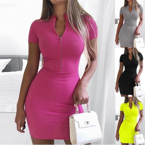 Parti elbiseleri iplik örgü yaz kadın mini elbise 2023 seksi yüksek boyun kısa kollu çanta kalçaları ince vestidos fermuarlı neon yeşil