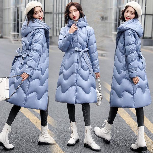Jaqueta feminina Down 2023 inverno estilo coreano comprimento médio com capuz cintura fina casaco elegante