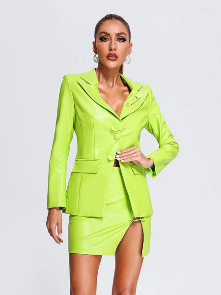 Casual Dresses Sexy V-Ausschnitt PU-Jacke Minirock Anzug Frauen Langarm Pin Buttons Blazer Mantel Röcke 2-teiliges Set Runway Club Partykleid