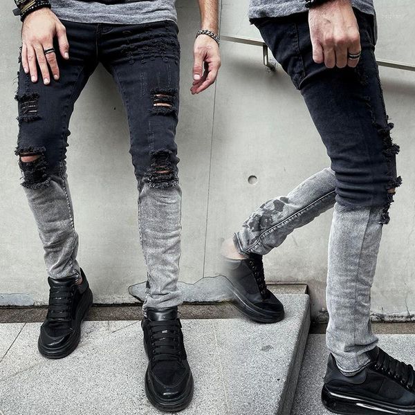 Herren Jeans Knieloch Cross-border Schwarz Sli Ripped Weiß Stretch Denim M Hip Hop Streetwear Hosen