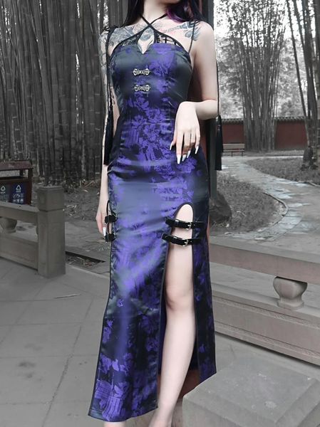 Lässige Kleider Original Design Goth Chinesische Quasten Leder Schnalle Mantel Langes Kleid Sommer Lila Punk Bodycon Sexy High Slit Trägerlos