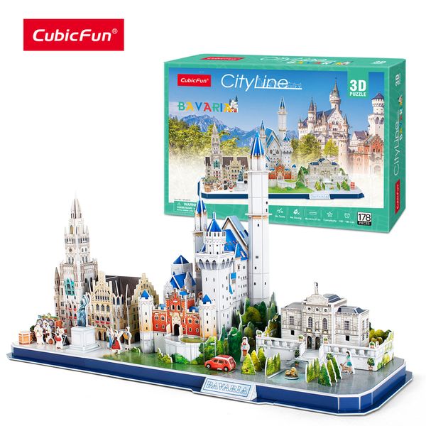 Brinquedos de inteligência CubicFun 3D Puzzle Bavaria Cityline Building Model Kits Neuschwanstein Castle Town Hall Linderhof Jigsaw for Adults Kids 230710