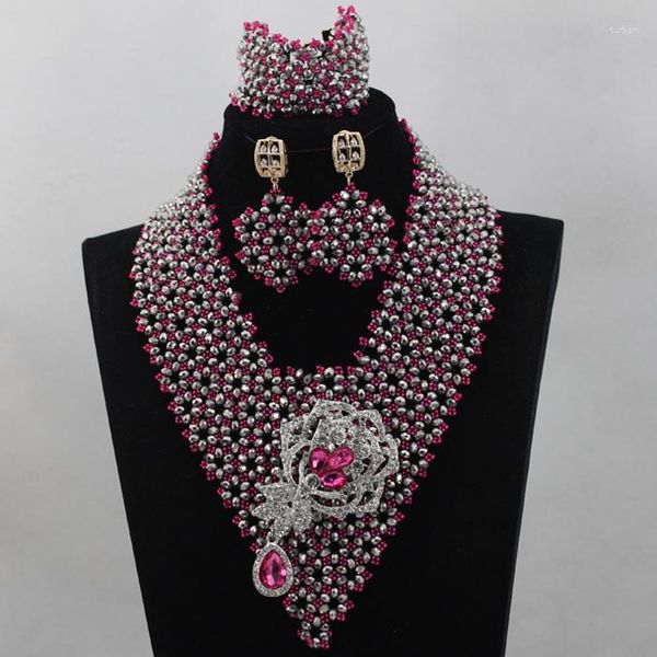 Conjunto de brincos colar fantástico rosa rosa frisado prata africana cristal declaração de casamento WD410
