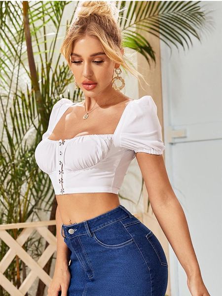 Blusas Femininas Gancho Crop Top Branco Comprimento Curto Manga Bufante Tops Slim Moda Streetwear Harajuku Sexy Camisas Para Mulheres