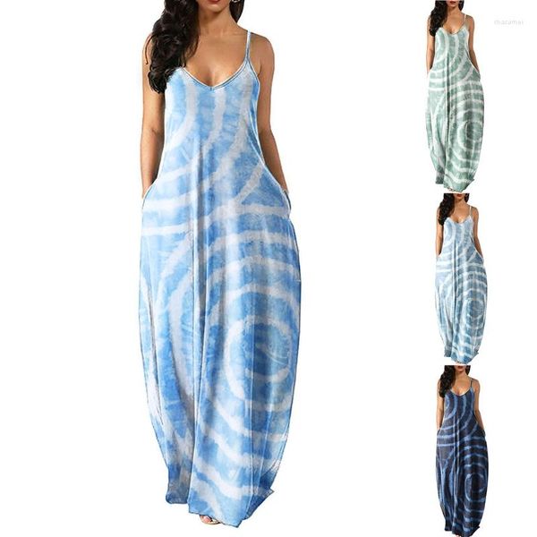 Abiti casual Donna Summer Spaghetti Strap Maxi Long Sling Dress Sexy Deep V-Neck Bohemian Contrast Color Circle Print Beach Sundress N7YF