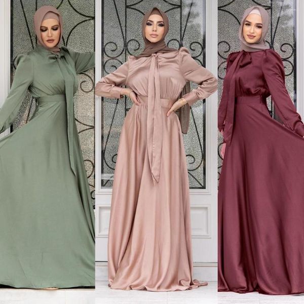 Vestuário étnico Vestido de Cetim Ramadan Muçulmano Moda Cinto Abaya Dubai Turquia Árabe Africano Maxi Vestidos Para Mulheres Islã Robes Vestidos