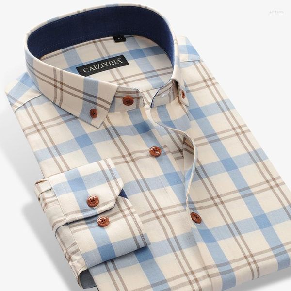 Camisas casuais masculinas de ajuste padrão xadrez xadrez manga longa contrastante sem bolso para baixo design de botão de algodão