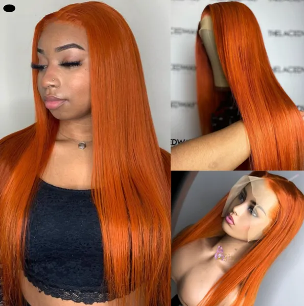 Laranja 13x4 Lace Front Peruca Gengibre Cor Laranja Perucas de Cabelo Humano Para Mulheres 150 Densidade Remy Brasileiro Cabelo Encaracolado Pré-arrancado