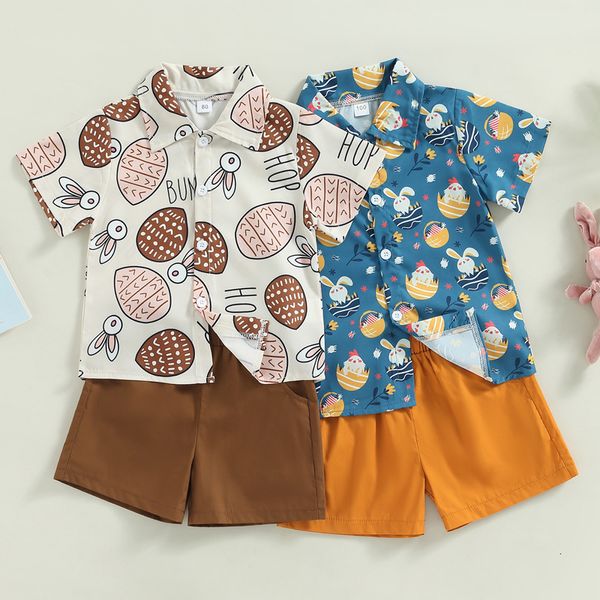 Bekleidungssets -12–22 Lioraitiin 0–5 Jahre Baby Kinder Jungen Ostern Shorts Set Kurzarm Kaninchen Print Button-down-Hemd Shorts 230711