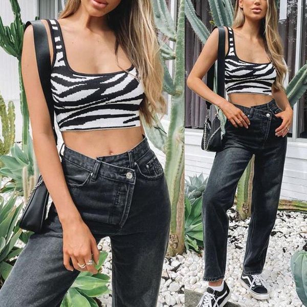 Damen Tanks Sommer Damen Sexy Bauchfreies Leibchen Mädchen Kreativer Zebradruck U-Ausschnitt Ärmelloses Basisshirt Schlankes Strickoberteil Für