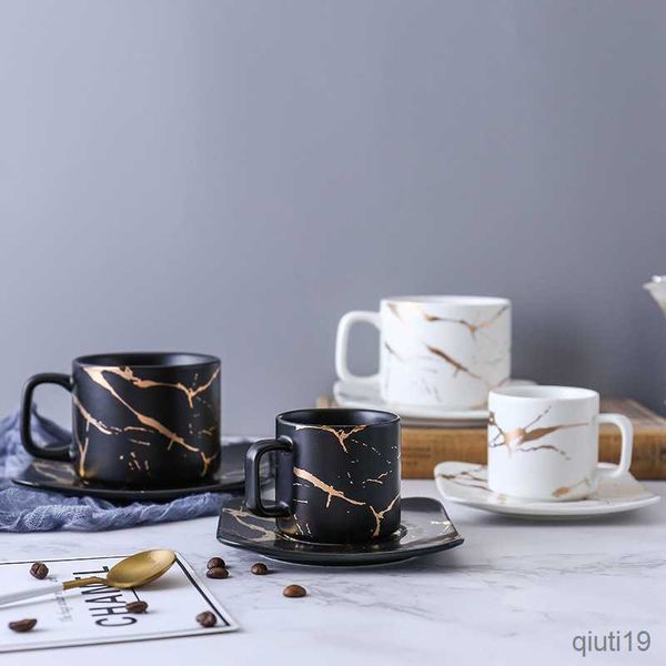 Tazze Tazza da caffè in marmo scatola piattino tazza bianco nero. Tazza da caffè in vetro set da caffè tazza da caffè in oro mug R230712