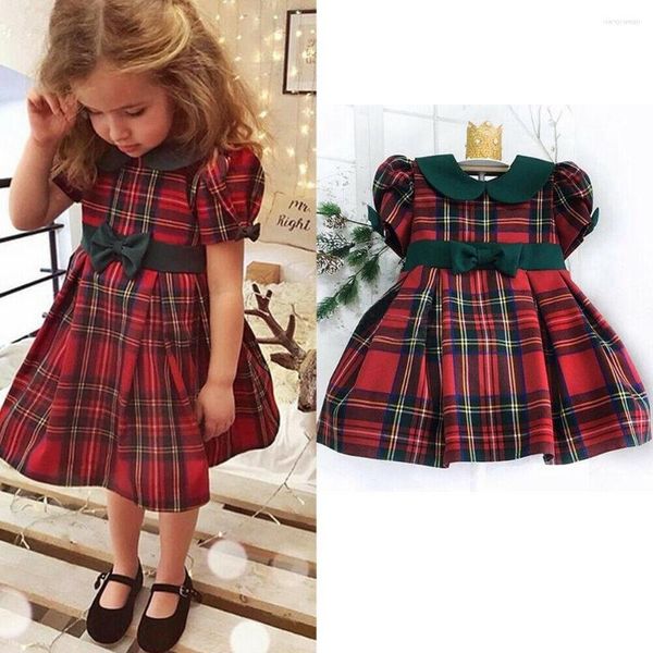 Vestiti da ragazza Neonate Vestito natalizio carino Doppio fiocco Plaid Party per bambini Principessa manica corta