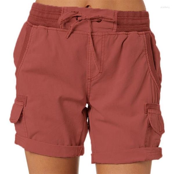 Shorts feminino verão cintura alta casual macacão sólido feminino bolso cordão cordão fino solto perna larga elástico cargo