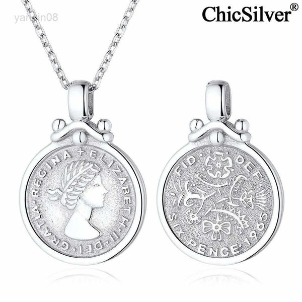 Anhänger-Halsketten ChicSilver Münze Halskette 925 Sterling Silber Elizabeth British Lucky Sixpence Münze Rundes Medaillon Anhänger Schmuck für Frauen HKD230712