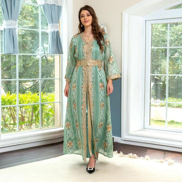 Abbigliamento etnico Moda Festa Abito da sera lungo per le donne Eid Al Adha Caftano marocchino Dubai Maglia Ricamo Pizzo Nastro dorato Abaya Robe