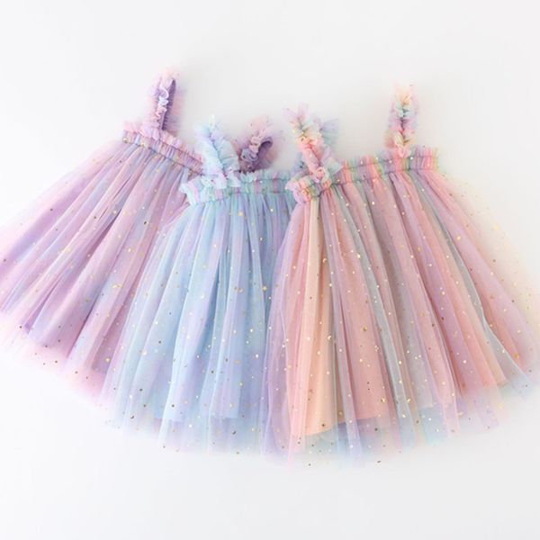 Abiti da ragazza Vestito da principessa per bambina Vestito da bambina Arcobaleno Unicorno Tulle Costume Bambini Abiti estivi senza maniche con cinturini nati Panno per feste di compleanno 230712