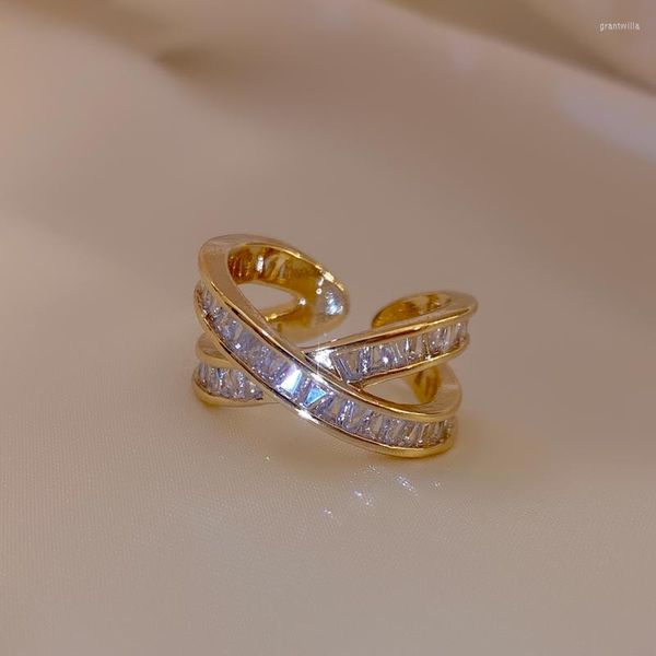 Cluster Ringe Modeschmuck Design Luxus Glänzend Kreuz Zirkon Gold Hochzeit Party Mädchen Geschenk Koreanische Accessoires Einfach Für Frau