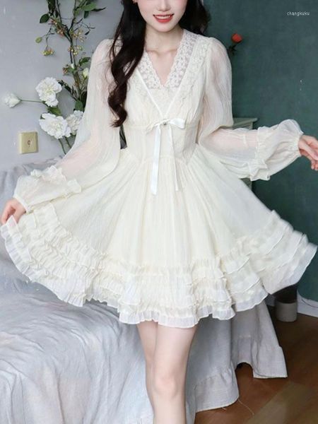 Abiti casual Chiffon Y2k Mini abito da donna Manica lunga francese Festa corta Lolita Kawaii Pizzo One Piece Moda coreana 2023 Estate