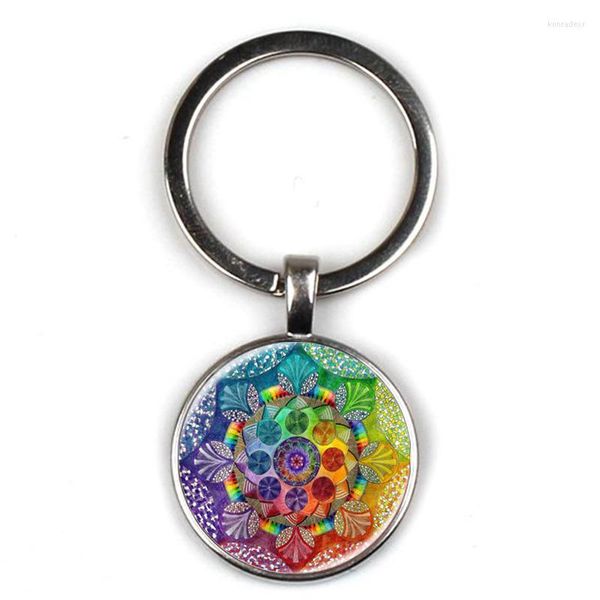 Portachiavi Vintage Yoga Mandala Art Po Ciondolo Portachiavi Classico Colore Fiore Portachiavi in vetro Souvenir Sacro Buddista Geometria Gioielli Regalo