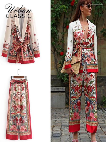 Frauen Zweiteilige Hosen OL Casual Retro Blume Blazer Sets Frauen 2023 Frühling Langarm Jacke Mit Weitem Bein weibliche Mode 2 Anzüge Outfits