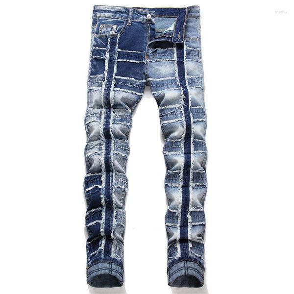 Erkek kot punk tarzı mavi yıpranmış yırtık yırtık patchwork erkek streç koşu denim pantolon hip hop pantolon erkek