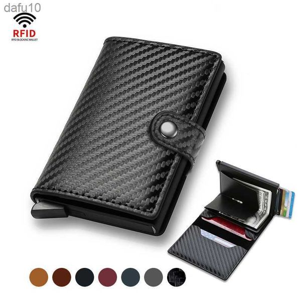 Carteiras de suporte de fibra de carbono Rfid masculino Black Magic com três dobras de couro fina mini carteira inteligente bolsa de dinheiro pequena bolsas masculinas L230704