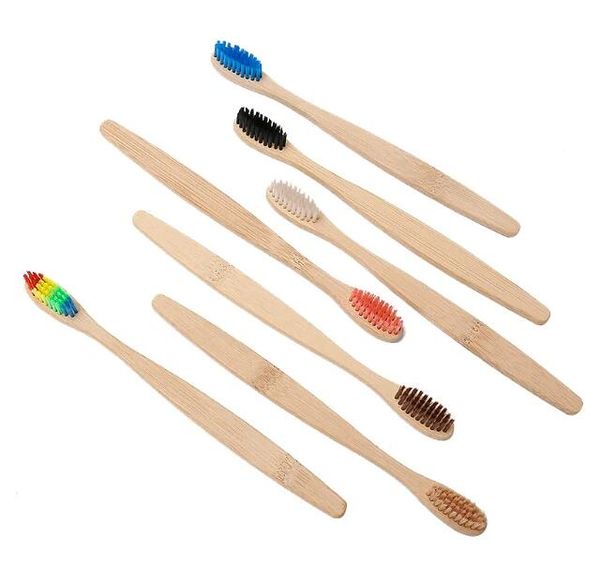 Escova de dentes de bambu Escova de cerdas macias Escova de dentes de bambu natural Cor do arco-íris Cuidados bucais descartáveis para hotéis Suprimentos para banho em casa 198QH