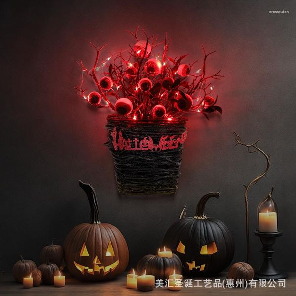 Flores decorativas, guirlanda de halloween, globo ocular, com luz led vermelha, cesta de ramo para portas, janela, guirlanda de flores, decoração