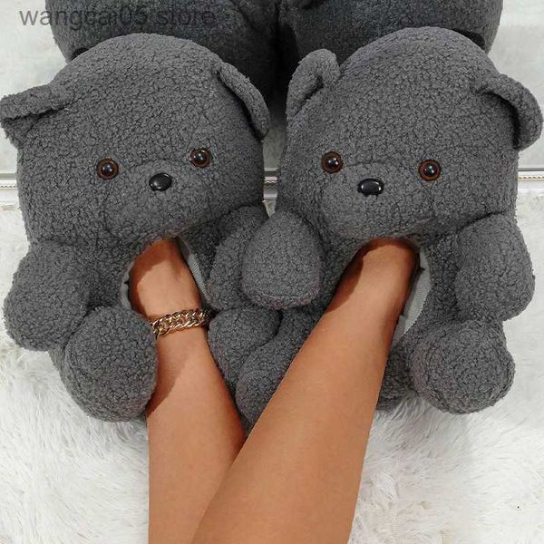 Pantofole Cute Cartoon Bear Design House Pantofole di pelliccia da donna Grigio Rosa Marrone Inverno Caldo Scarpe da donna in peluche Onesize Fluffy Girls Slides T230712