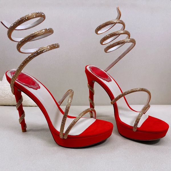 2023 Rome Platform Sandals Rc fashion Black Red Strass twining foot ring sapatos femininos Designer de luxo banda estreita 12,5 cm salto alto novidade