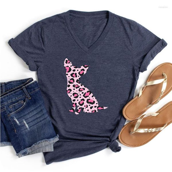 Damen-T-Shirts, rosa Leopardenmuster, Chihuahua-Druck, Shrit, weiblich, V-Ausschnitt, Tops, T-Shirt, modische koreanische Kleidung, Ulzzang, Y2k-T-Shirts, Hundeliebhaber