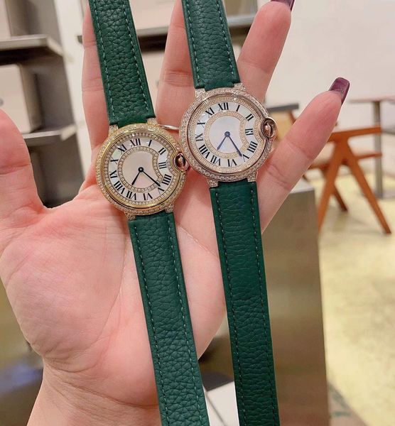 36mm Casal Couro Verde Relógio Quartzo Geométrico Número Romano Relógios Feminino Masculino Relógio de Pulso Quadrado Diamante Zircão Círculo Relógio