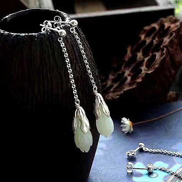 Brincos Dangle CMajor Jóias de Prata Esterlina S925 Chinês Estilo Clássico Magnólia Flor Nephrite Jade Brinco Gota Para Mulheres