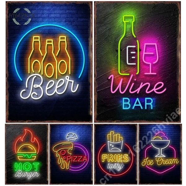 Pintura em tela Neon Wine Bar Metal Tin Sign para Fast Food Posters e impressão Snack Beer Burger Pizza Pictures Decoração da parede Decoração da sala de jantar Decoração do restaurante w06