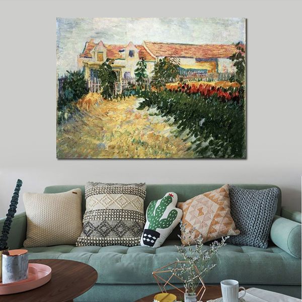 Fatto a mano Vincent Van Gogh Dipinto ad olio Casa con girasoli 1887 Modern Canvas Art Modern Landscape Living Room Decor