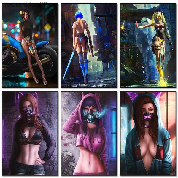 Anime Sexy Mädchen Leinwand Gemälde Cyberpunk Maske Schönheit Poster Drucke Comic Charakter Wand Kunst Bilder Bar Zimmer Hause Dekoration L230704