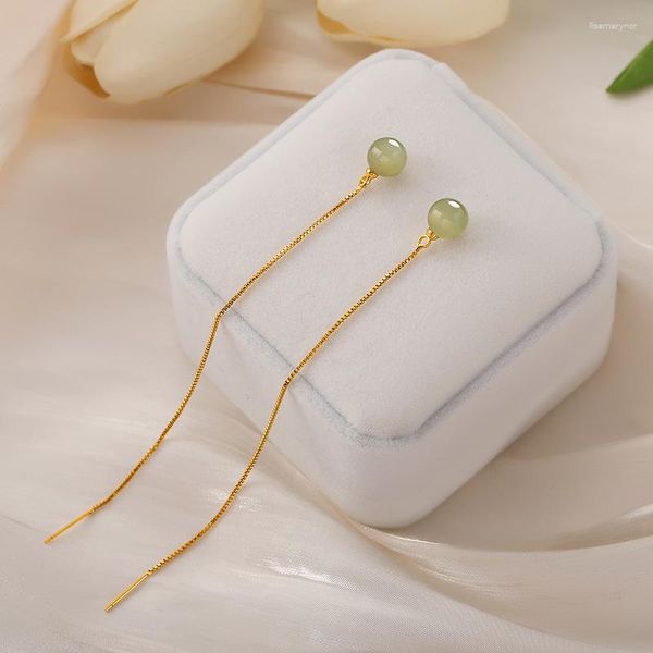 Brincos pendentes VOQ cor prata Hetian jade para mulheres verde redondo orelha linha borla joias presentes para meninas