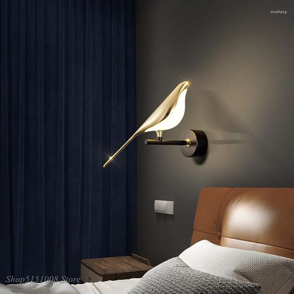 Lâmpada de parede Postmodernism Art GoldMagpie Bird Bedroom Bedside Led Creative Parlor Background Decoração Sconce Lighs