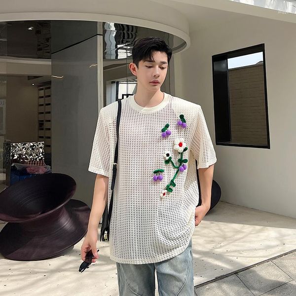 T-shirt da uomo 2023 Summer Hollow Out Maglia a maniche corte in maglia Camicia da uomo Moda coreana 3D Bubble Flower Tees Top