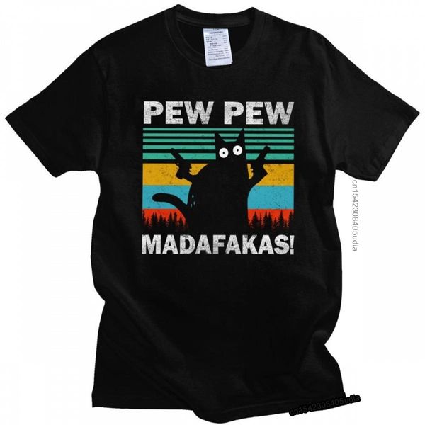 Ternos engraçado pew pew madafakas t camisa para homem manga curta vintage engraçado proprietários de gato camiseta de algodão moda