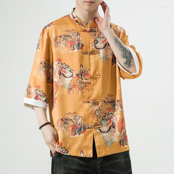 Camicie casual da uomo Camicia stampata antica stile cinese T-shirt moda estiva Top Tang Abbigliamento Fibbia piastra di grandi dimensioni