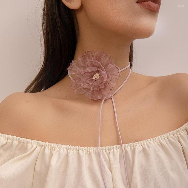 Halsband Rosa Seil Halskette Große Blume Frauen Schmuck Kragen Am Hals Wachs Linie Elegante Damen Schlüsselbein Kette Party Mode