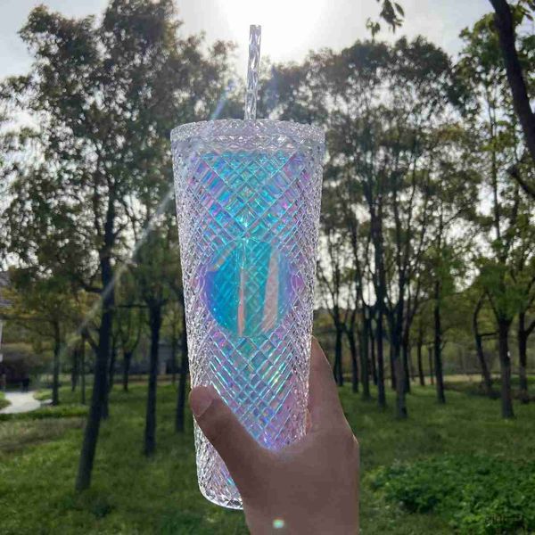 Mokken Diamond Radiant Straw Cup Met Deksel 701-800 ml Zomer Koud Water Cup Tumbler Met Stro Dubbellaags plastic Durian Koffiemok R230712