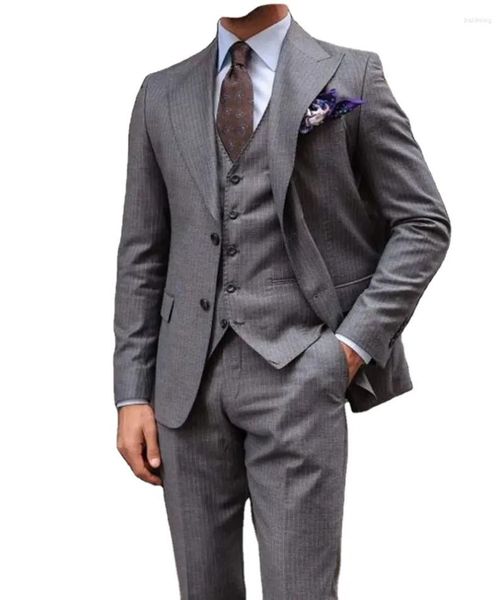 Ternos Masculinos Conjunto de Ternos de Alta Qualidade Cinza Listras Jaqueta Colarinho Preto Blazers Calças Casacos Casamento Noivo Jaquetas Elegantes Homme Traje 3 Pçs