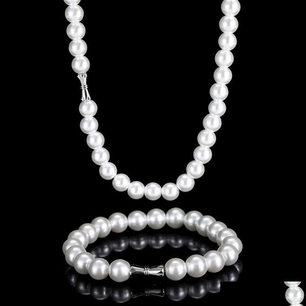 Bracelet Collier Perles Perles Pour Hommes Avec Chaîne Bracelets 6Mm 8Mm 10Mm 12Mm Ensemble De Bijoux Femmes Père Petit Ami Cadeau Drop Delivery Dhexr
