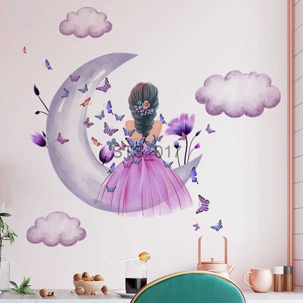 Weitere dekorative Aufkleber, Aquarell-Prinzessin auf Mond, Wandaufkleber für Mädchenzimmer, Schmetterlings-Blumen-Wandaufkleber, Schlafzimmer-Dekoration, Babyzimmer-Wandaufkleber x0712