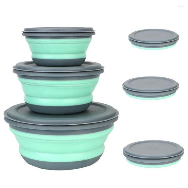 Ciotole 3 pezzi / set Scatola da pranzo pieghevole in silicone con coperchio Set di ciotole da campeggio portatile da picnic Set di stoviglie da cucina Pieghevole Macedonia di frutta